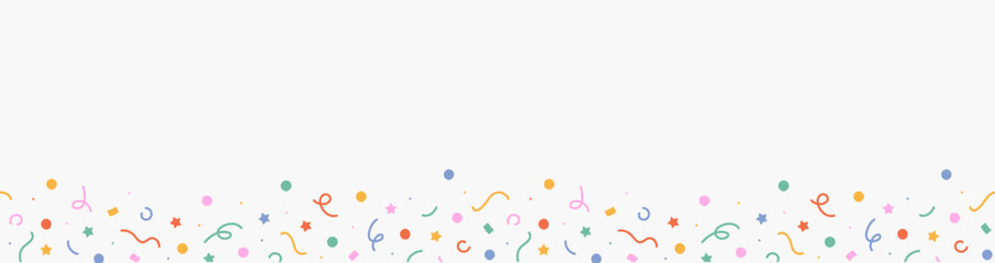 Сute abstract seamless border, background of colorful falling top down confetti of multicolored lines, stars, squiggles on light background; hand drawn vector illustration; flat style, copy space
