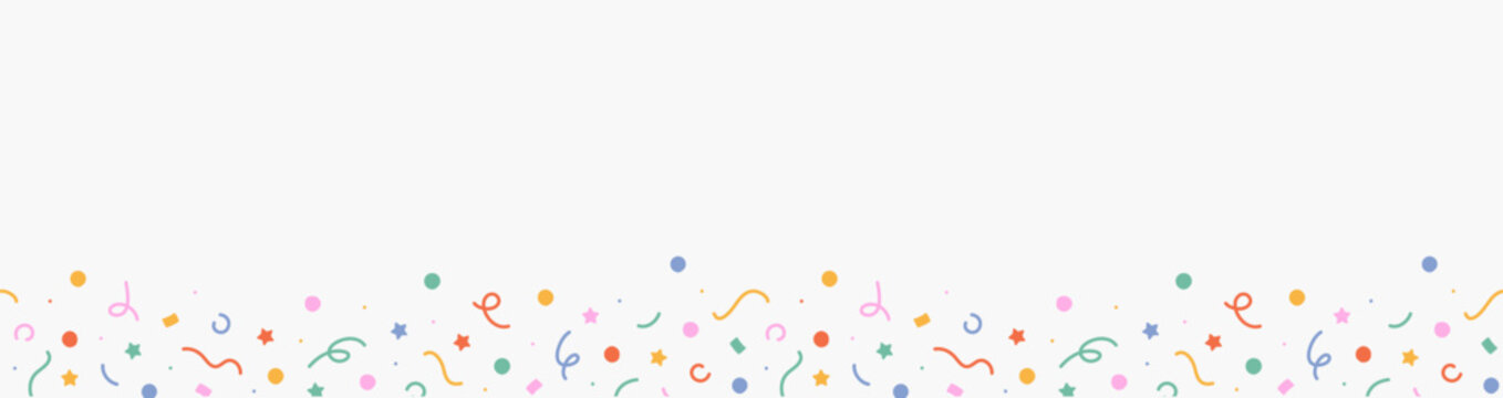 Сute abstract seamless border, background of colorful falling top down confetti of multicolored lines, stars, squiggles on light background; hand drawn vector illustration; flat style, copy space
