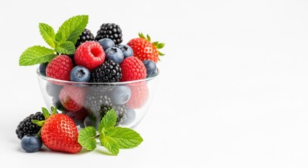 A glass bowl filled with berries and herb leaves isolated on pure white background