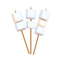 Three wooden skewers with soft, fluffy white and lightly toasted marshmallows, cartoon style.