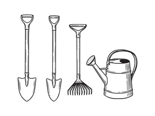 Retro engraving of garden tools set with shovel rake trowel and watering can in hand-drawn style