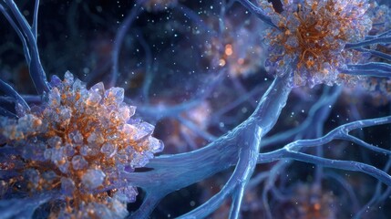 Stylized 3D model showing interplay between neural misfiring patterns and accumulation of uric acid crystals in affected synovial membranes.
