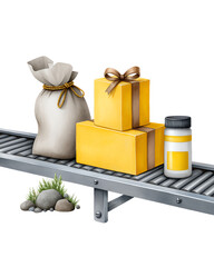 Automated Assembly: A conveyor belt transports a variety of goods, highlighting automated production processes.