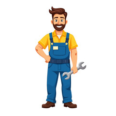 Funny cartoon worker illustration featuring a smiling handyman with a wrench, ready for any job