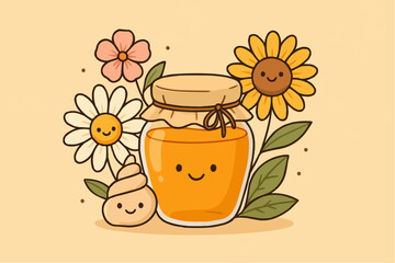 Cute Honey Jar and Happy Flowers in Whimsical Vector Illustration