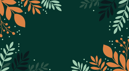 Elegant Botanical Frame with Autumnal Leaves and Berries on Dark Green Background