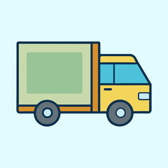 Cartoon delivery truck with green container and yellow cabin isolated on blue