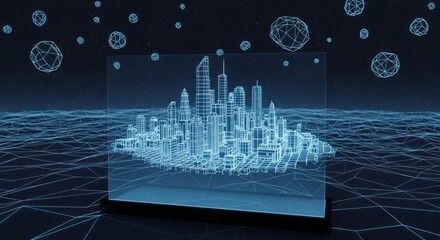 A 3D model of a big city by computer technology in neon light and dark blue patterns 