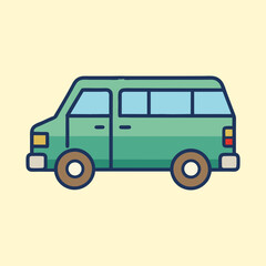 Cartoon illustration of a vintage green van with outline style design