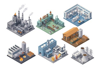 Series of six isometric plant illustrations with blast furnaces, bottling lines, drug manufacturing, wood cutting, plastic forming and power generation units