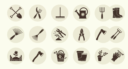 Garden tools collection: flat icons of rakes, shears, shovels, and more for gardening enthusiasts