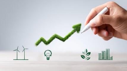energy stock market sustainable. Hand drawing a green growth chart with environmental icons in a business setting.