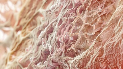 Fototapeta premium Comprehensive Insights into Connective Tissue: Structural Functions, Types Including Cartilage, Bone, Tendons, and Ligaments, Cellular Components Like Fibroblasts and Collagen Fibers, and Clinical