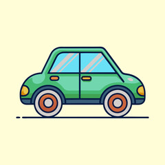 Stylized Green Car Illustration with Orange and White Wheels on Cream Background