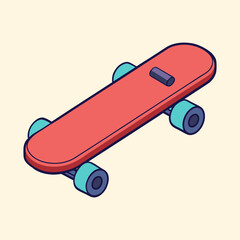 Isometric cartoon drawing of a skateboard with red deck and teal wheels