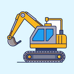 Cartoon yellow excavator digger with blue windows on a light blue background