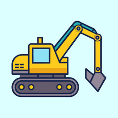 Cartoon illustration of a yellow construction excavator with a blue background