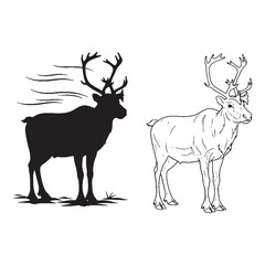 Winter Coat Warmth - Caribou Graphic - Solid Silhouette and Artistic Lineart Combination - Caribou silhouette - Caribou lineart - Caribou vector - vector set of Caribou

