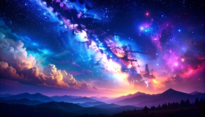 Fototapeta premium Cosmic sunset over mountains