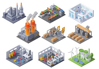 Series of six isometric plant illustrations with blast furnaces, bottling lines, drug manufacturing, wood cutting, plastic forming and power generation units
