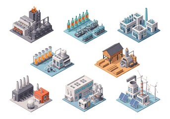 Six themed isometric factories in matching style showing steelworks, beverage production, pharma plant, lumber mill, plastic factory and energy station