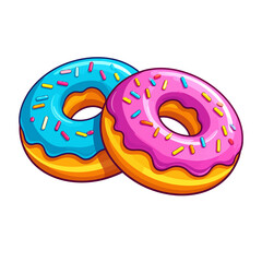 Two vibrant cartoon donuts with glossy pink and blue icing and colorful sprinkles.