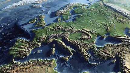 Detailed topographical map of europe and the mediterranean sea