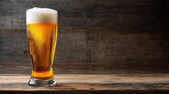 Tall glass of cold golden beer with foam on rustic wooden table, perfect for bar menus, brewery ads, Oktoberfest promotions, and beverage branding designs