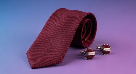A dark red folded tie with dark red colored studs isolated on solid colored background