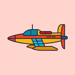 A colorful stylized seaplane illustration on a light pink background, flat design