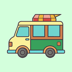 Cartoon retro camper van illustration with roof rack and cheerful colors
