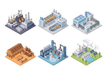 Six themed isometric factories in matching style showing steelworks, beverage production, pharma plant, lumber mill, plastic factory and energy station