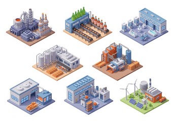 Obraz premium Series of six isometric plant illustrations with blast furnaces, bottling lines, drug manufacturing, wood cutting, plastic forming and power generation 