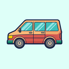 Illustration of a vintage family van with orange and red color scheme