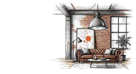 Expressive sketch illustration of living room interior design featuring leather sofa and decorative lamp. Cozy living room ambiance with warm colors and artistic elements,