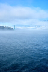 Lions Gate Bridge Mist and Fog vertical. The Lions Gate Bridge over the First Narrows of Burrard Inlet on a foggy day. The Coast Mountains in the background.

