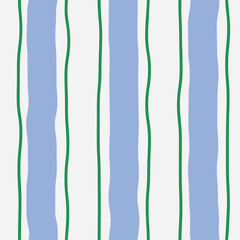 Abstract seamless pattern of vertical blue thick and green thin wavy stripes in a row on a light background, simple hand drawn vector illustration, drawing, flat style