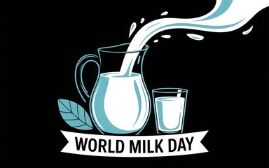 Refreshing milk pouring from a pitcher into a glass with world milk day banner
