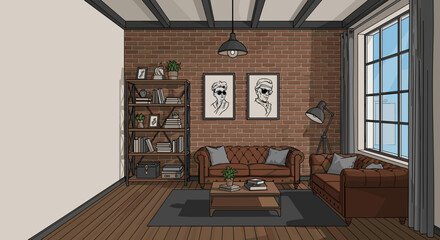 Expressive interior design sketch of cozy living room featuring brown leather sofas and decorative shelving. Living room includes stylish elements such as artwork and natural light from windows. © Len_mik