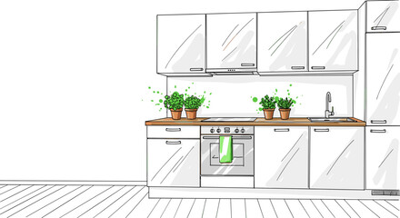 Modern kitchen sketch with vibrant plants and clean lines on bright background. Kitchen design features trendy cabinetry, wooden countertop, and numerous pots of green herbs placed stylishly.