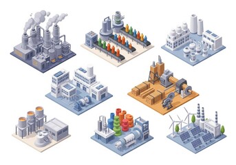 Series of six isometric plant illustrations with blast furnaces, bottling lines, drug manufacturing, wood cutting, plastic forming and power generation 