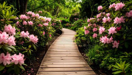 Serene garden path with pink flowers