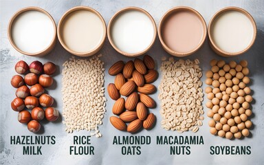 Variety of plant based milks and ingredients
