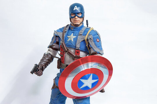 Bangkok, Thailand - March 30, 2016 : Captain America figure isolated white background. Photo by Edmund Haralson.