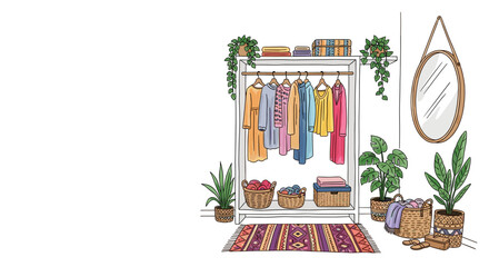 Obraz premium Expressive sketch illustration of stylish custom closet with colorful clothing hanging and decorative plants.