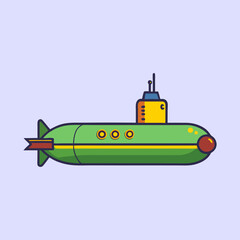 Cartoon green submarine with yellow accents on a light blue background