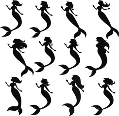 Collection of Mermaid Silhouettes – Elegant Black and White Minimalist Mermaid Illustrations
