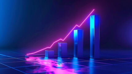 graphic 3D render of a modern bar chart with three ascending blue bars and an overlaid white line graph arrow, deep blue gradient