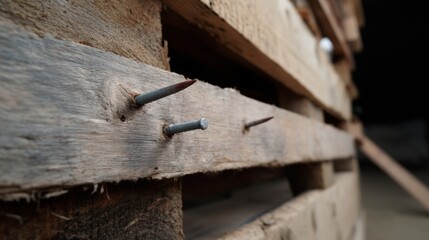 Close up of exposed nails on damaged wooden pallet, highlighting potential hazards. image captures rough texture of wood and sharpness of nails, evoking sense of caution