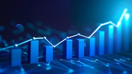 graphic 3D render of a modern bar chart with three ascending blue bars and an overlaid white line graph arrow, deep blue gradient